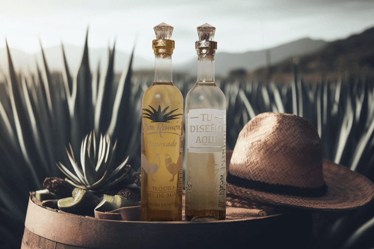 dos botellas de tequila don ramon personalizado sobre un barril en un campo de agave 