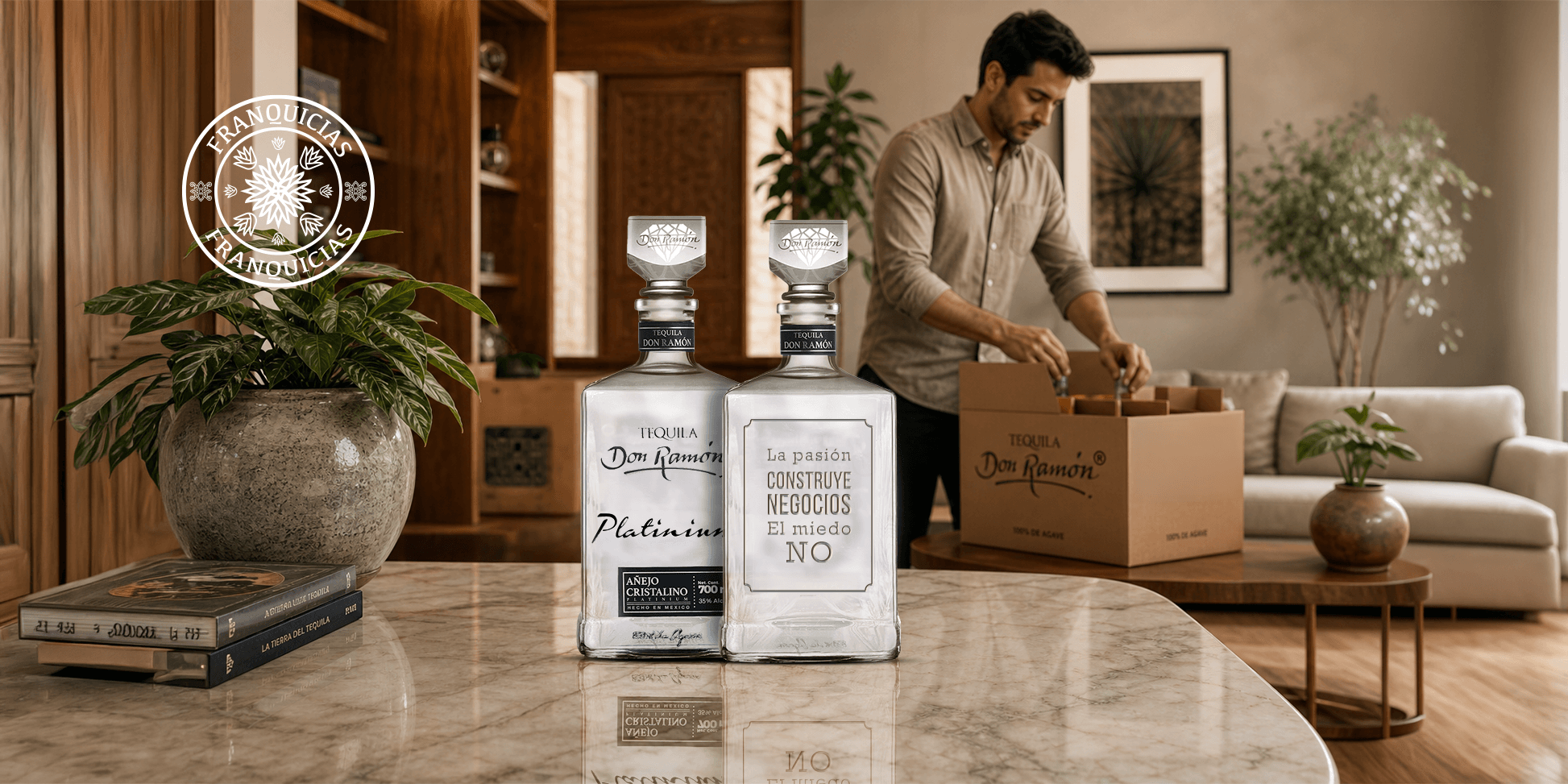 cuanto cuesta una. franquicia en mexico, hombre vendiendo tequila don ramon personalizado