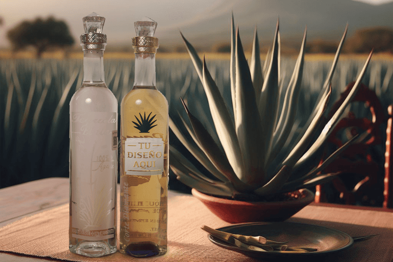 dos botellas de tequila don ramon personalizado junto con planta de agave tequilana azul
