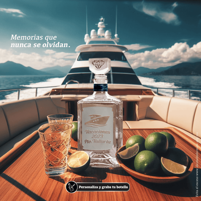 en primer plano botella de tequila don ramon personalizado encima de un barco o yate